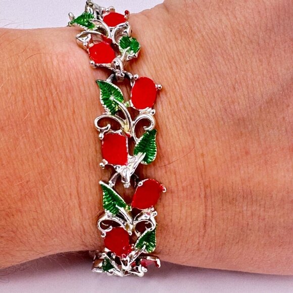 Christmas Holly Bracelet Red Green Silver Tone Metal Festive Winter Holidays - Picture 5 of 6